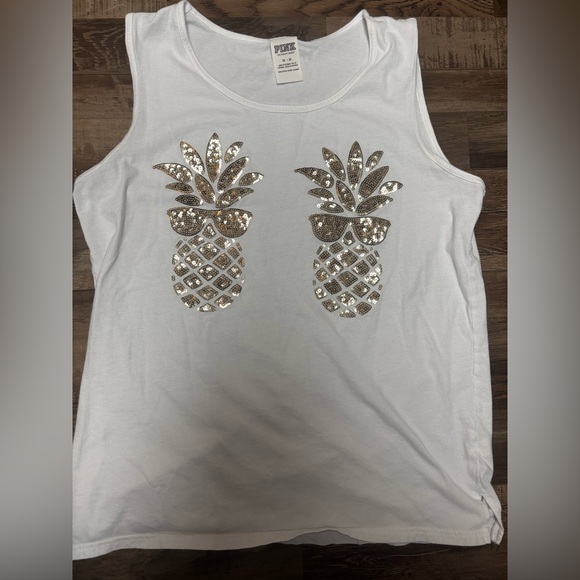 PINK Victoria's Secret White Sequin Pineapple Tank Top - Picture 1 of 3
